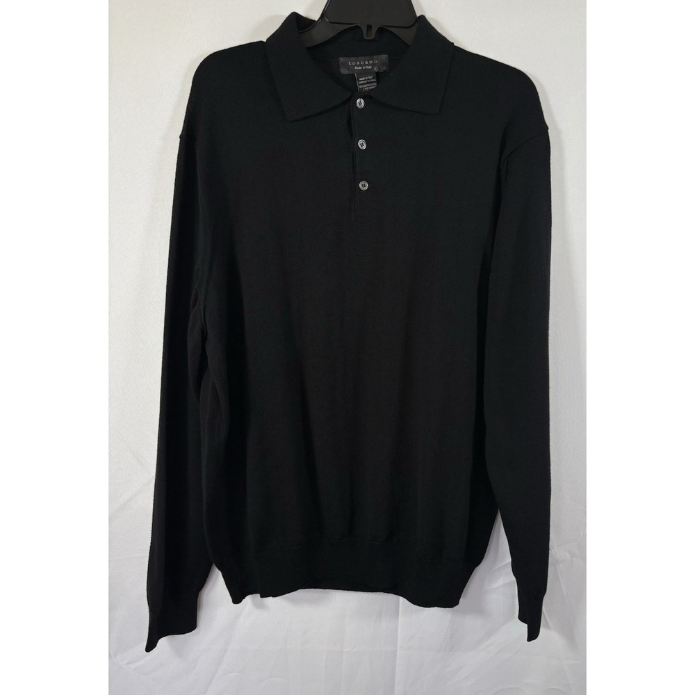 Toscano polo shirt/sweater size L 100% merino wool long sleeves black 1/4 button